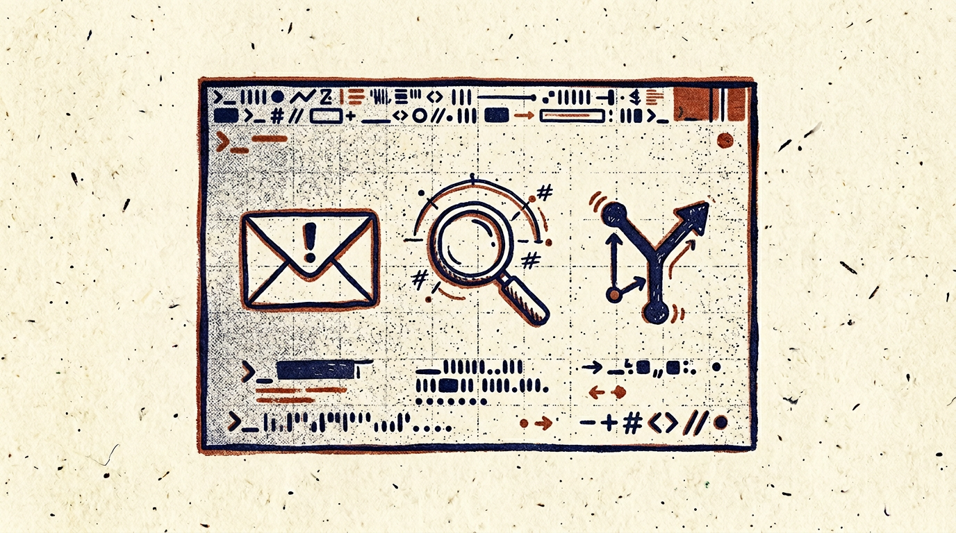 Risograph-style three-step flow: alert, lens, branch—outcome, not a generic diagram
