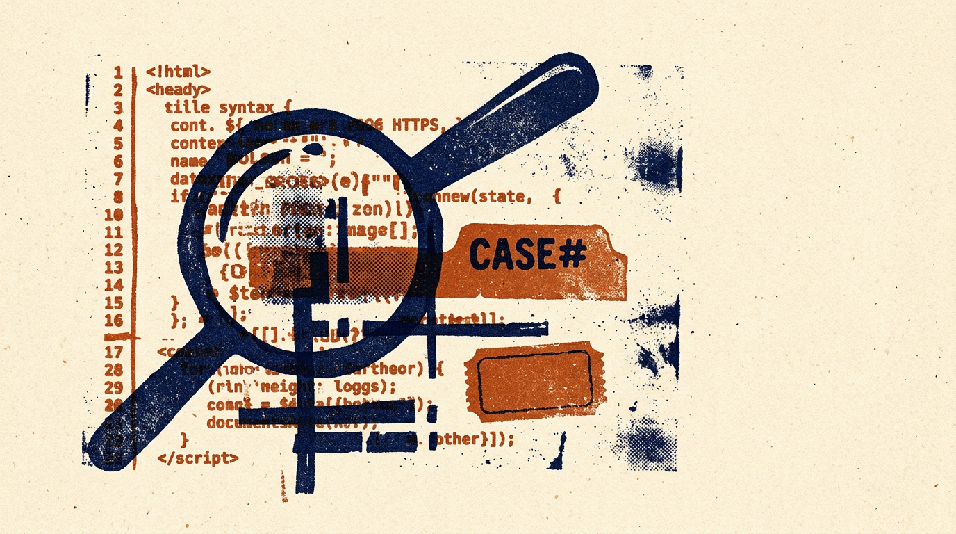 Risograph-style artwork: magnifier, case tab, and code marks—triage, not stock tech art